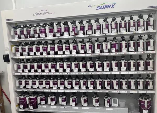 The KCC Sumix Baromatch mixing bank at A2Z, five shelves of KM-series toners